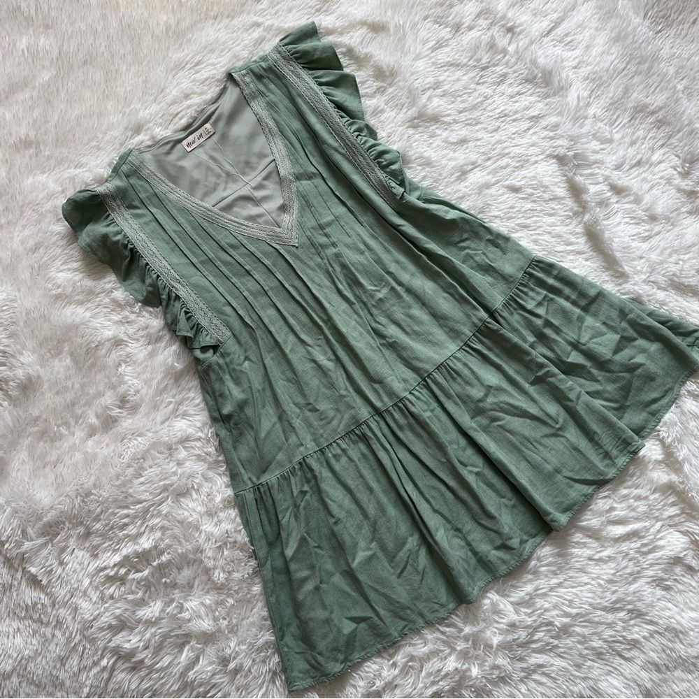 New-In Sage Green Pleated Mini Dress | Linen Blend | V-Neck | Fully Lined Size M